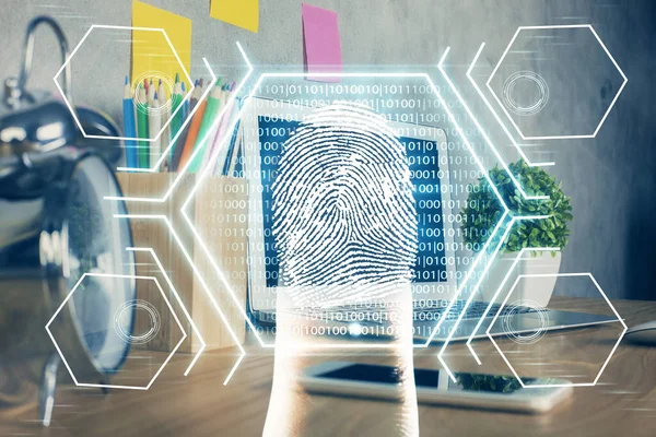 Computer on desktop in office with finger print drawing. Double exposure. Concept of business data security. — Stock Photo, Image