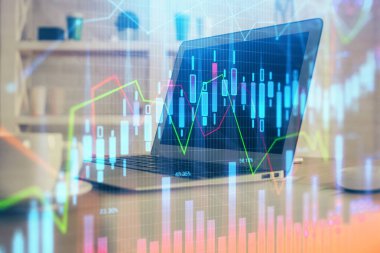 Eski pazar grafiği hologramı ve kişisel bilgisayar geçmişi. Çoklu maruz kalma. Yatırım kavramı.