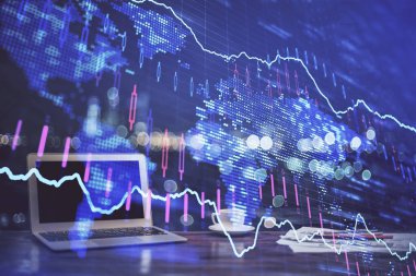 Eski pazar grafiği hologramı ve kişisel bilgisayar geçmişi. Çoklu maruz kalma. Yatırım kavramı.