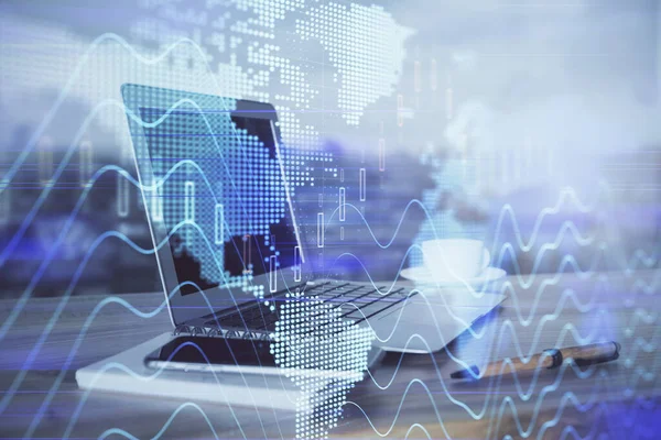 Stock market graph and table with computer background. Double exposure. Concept of financial analysis. — Stock Photo, Image