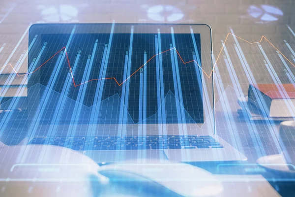 Multi exposure of forex graph and work space with computer. Concept of international online trading. — Stock Photo, Image