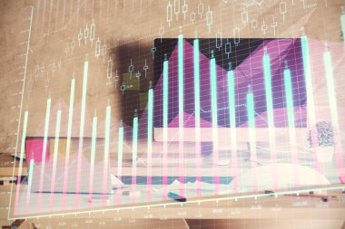 Finansal grafik çizimi ve ofis içi arka planının çoklu pozu. Pazar analizi kavramı.