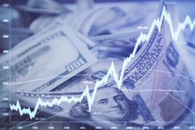 Önx grafiğinin arka plandaki dolarları iki katına çıkarması. Finans piyasası kavramı.