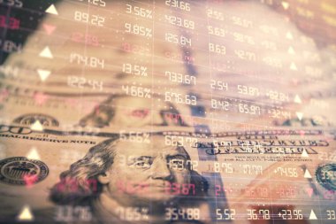 Önx grafiğinin arka plandaki dolarları iki katına çıkarması. Finans piyasası kavramı.