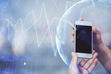 Ön x grafik çizimine çift pozlama hologram ve cep telefonu kullanan bir kadın. Borsa konsepti.