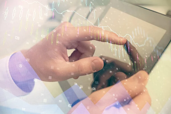 Multi exposure of mans hands holding and using a phone and financial chart drawing. Market analysis concept. — Stock Photo, Image