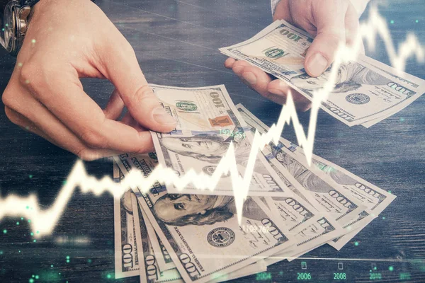 Multi exponering av finansiella diagram rita hologram och USA dollar räkningar och manshänder. Analyskoncept. — Stockfoto