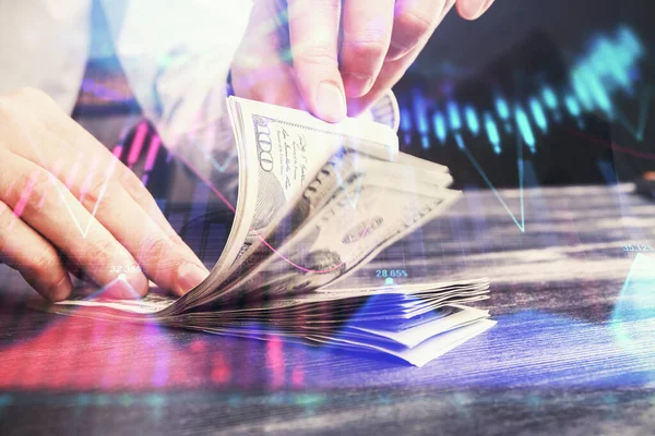 Mehrfachbelichtung von Forex-Graphen mit Hologramm und US-Dollarscheinen und Menschenhänden. Konzept der Technischen Analyse. — Stockfoto