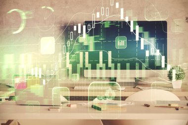 Finansal grafik çizimi ve ofis içi arka planının çoklu pozu. Pazar analizi kavramı.