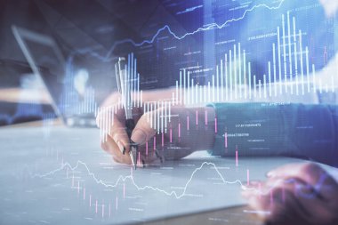 Ön x çizelgesinin arka plan notları alan insanların üzerini çizerken çift pozlama. Mali analiz kavramı