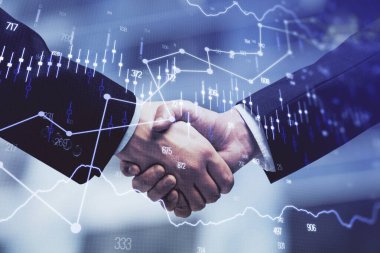 Forx grafik hologramı ve iki adamın el sıkışması. Borsa konsepti.