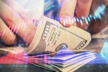 Forx grafiği, hologram, Amerikan dolarları ve insan eli çizimleri. Teknik Analiz kavramı.