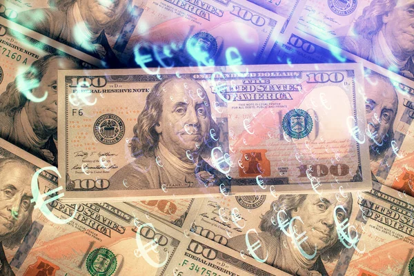 Multi expozice forex graf kreslení nad námi dolary pozadí bankovek. Koncepce trhů finančního úspěchu. — Stock fotografie