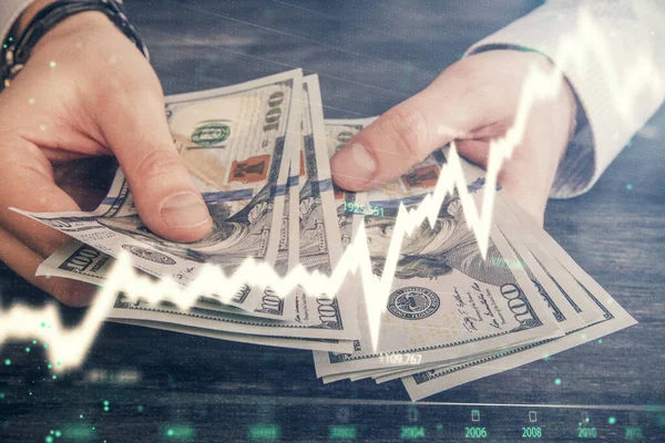 Multi exponering av finansiella diagram rita hologram och USA dollar räkningar och manshänder. Analyskoncept. — Stockfoto