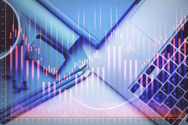 Bilgisayarla masaüstü arkaplanı üzerinde ön x grafik çizimi çift pozlama. Finansal analiz kavramı. Üst görünüm.
