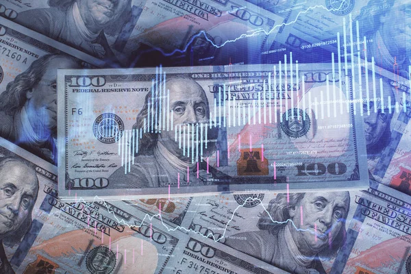 Multi exposição de gráfico forex desenho sobre nós dólares fundo da conta. Conceito de mercados de sucesso financeiro. — Fotografia de Stock