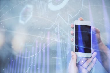 Ön x grafik çizimine çift pozlama hologram ve cep telefonu kullanan bir kadın. Borsa konsepti.