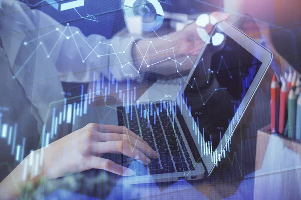 Double exposure of woman hands typing on computer and forex chart hologram drawing. Stock market invest concept. — Stock Photo, Image