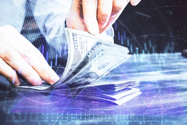 Multi blootstelling van forex grafiek tekenen hologram en Amerikaanse dollars biljetten en man handen. Technisch analyseconcept. — Stockfoto