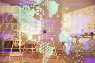 Finansal grafik çizimine ve ofis içi arka planına çifte maruz kalma. Borsa konsepti.