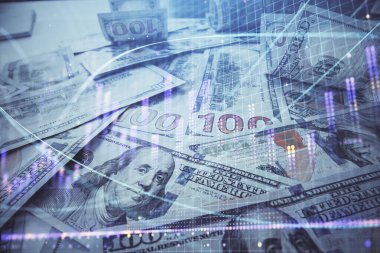 Forx grafiğinin çok sayıda görüntüsü bize dolar banknotları arka planında görünüyor. Finansal başarı piyasası kavramı.