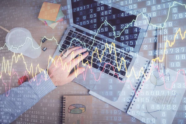 Double exposure of mans hands typing over computer keyboard and forex graph hologram drawing. Top view. Financial markets concept. — Stock Photo, Image