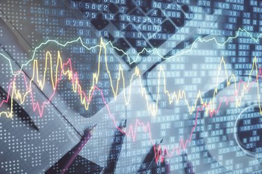 Bilgisayarla arka plan üzerine iki kat mali şema çizimi. Araştırma ve analiz kavramı. Üst görünüm.