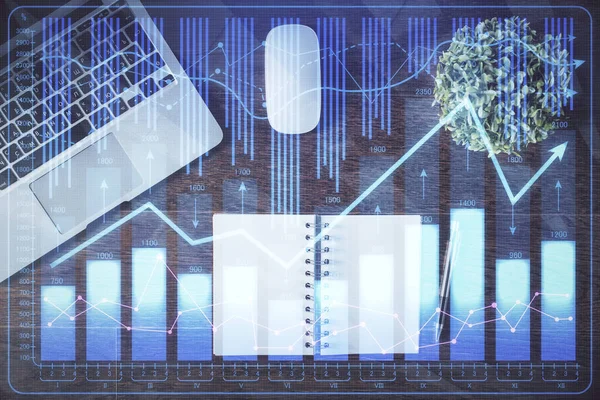 Stock market graph and top view computer on the table background. Double exposure. Concept of financial education. — Stock Photo, Image