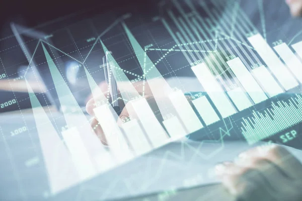 Doppelbelichtung des Devisendiagramms über Personen, die Notizen machen Hintergrund. Konzept der Finanzanalyse — Stockfoto