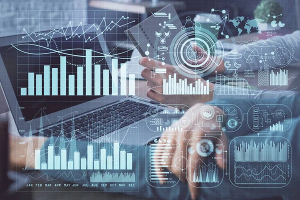 Dubbele blootstelling van man en vrouw die samenwerken en forex grafiek hologram. Bedrijfsconcept. Computerachtergrond. — Stockfoto