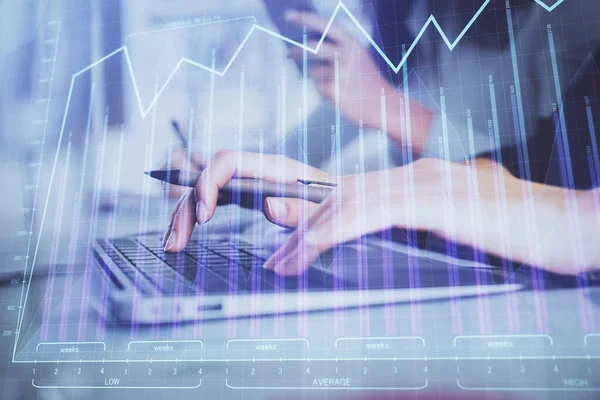 Multi exposure of woman hands typing on computer and financial graph hologram drawing. Stock market analysis concept. — Stock Photo, Image