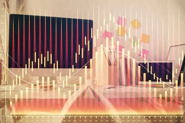 Dubbele belichting van financiële grafiek tekening en kantoor interieur achtergrond. Het begrip aandelenmarkt. — Stockfoto
