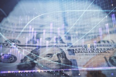 Önx grafiğinin arka plandaki dolarları iki katına çıkarması. Finans piyasası kavramı.