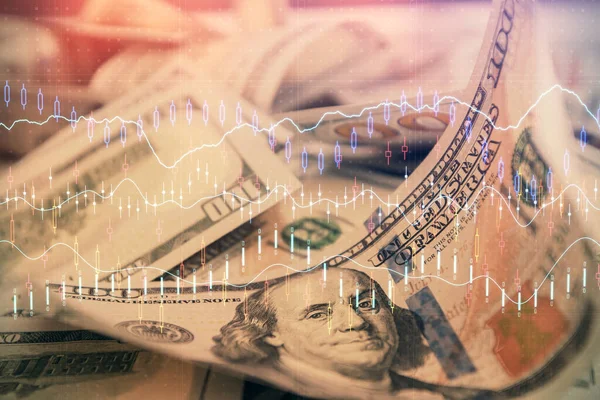 Dubbele belichting van forex grafiek tekening over ons dollar biljet achtergrond. Begrip financiële markten. — Stockfoto