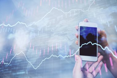 Ön x grafik çizimine çift pozlama hologram ve cep telefonu kullanan bir kadın. Borsa konsepti.