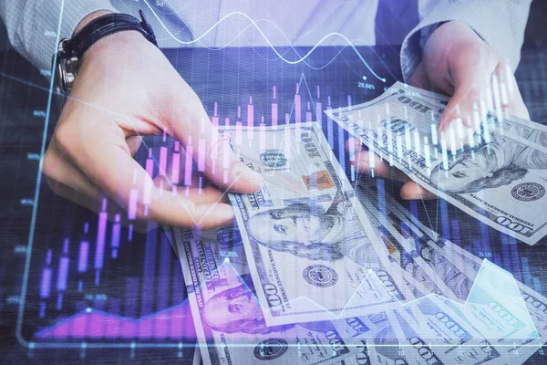 Multi exponering av finansiella diagram rita hologram och USA dollar räkningar och manshänder. Analyskoncept. — Stockfoto