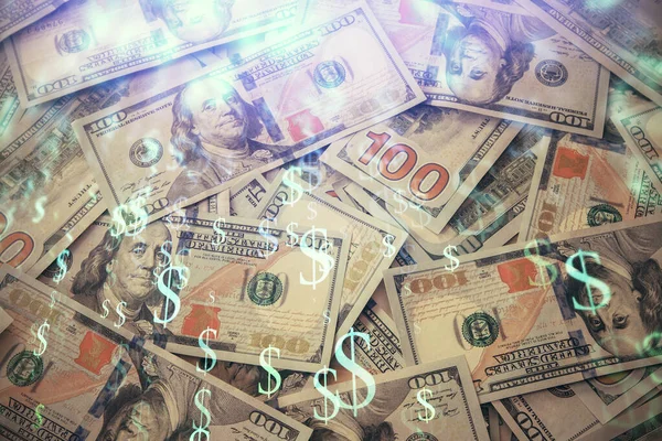 Multi exposición de gráfico de divisas dibujo sobre nosotros dólares fondo de la factura. Concepto de mercados de éxito financiero. — Foto de Stock