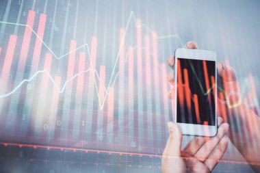 Ön x grafik çizimine çift pozlama hologram ve cep telefonu kullanan bir kadın. Borsa konsepti.