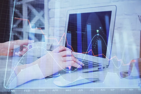 Double exposure of woman hands typing on computer and forex chart hologram drawing. Stock market analysis concept. — Stock Photo, Image
