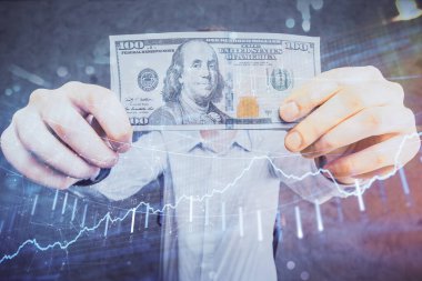Forx grafiği, hologram, Amerikan dolarları ve insan eli çizimleri. Teknik Analiz kavramı.