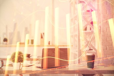 Borsa grafik çizimi ve ofis içi arka planının iki katına çıkarılması. Mali analiz kavramı.