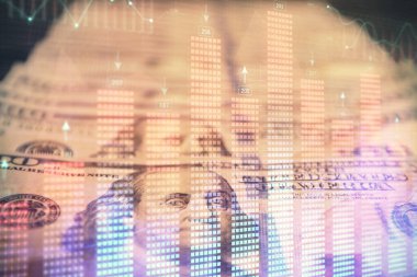 Önx grafiğinin arka plandaki dolarları iki katına çıkarması. Finans piyasası kavramı.
