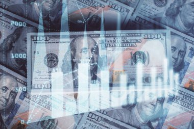Forx grafiğinin çok sayıda görüntüsü bize dolar banknotları arka planında görünüyor. Finansal başarı piyasası kavramı.