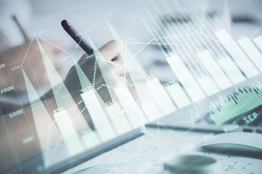 Ön x grafiğinin arka plan notları alan insanların üzerini çizerken çift pozlama. Mali analiz kavramı