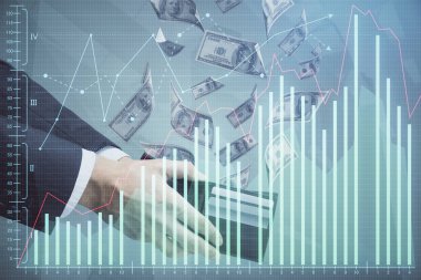 Finansal grafiğe çoklu pozlama hologram, Amerikan dolarları ve insan eli. Analiz kavramı.