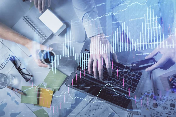 Double exposure of man and woman working together and forex graph hologram drawing. Financial analysis concept. Computer background. Top View. — Stock Photo, Image