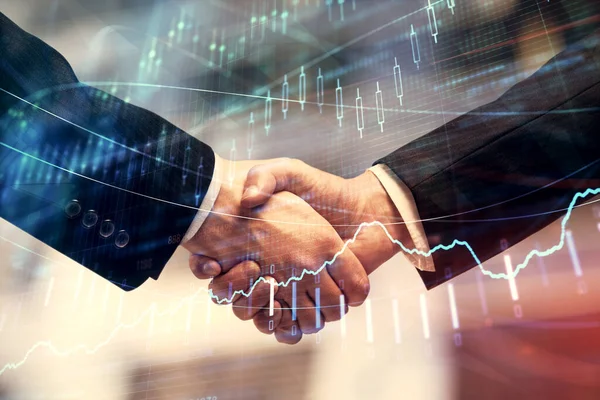 Double exposure of forex graph hologram and handshake of two men. Stock market concept. — Stock Photo, Image