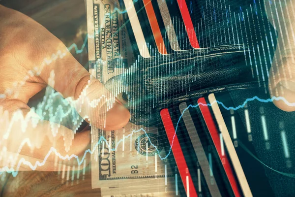 Multi blootstelling van forex grafiek tekenen hologram en Amerikaanse dollars biljetten en man handen. Technisch analyseconcept. — Stockfoto