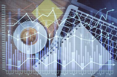 Bilgisayarla ön plan arkaplanını çizerken çift pozlama. Finansal araştırma ve analiz kavramı. Üst görünüm.