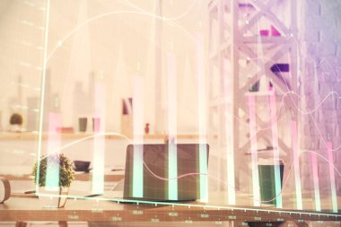 Borsa grafik çizimi ve ofis içi arka planının iki katına çıkarılması. Mali analiz kavramı.